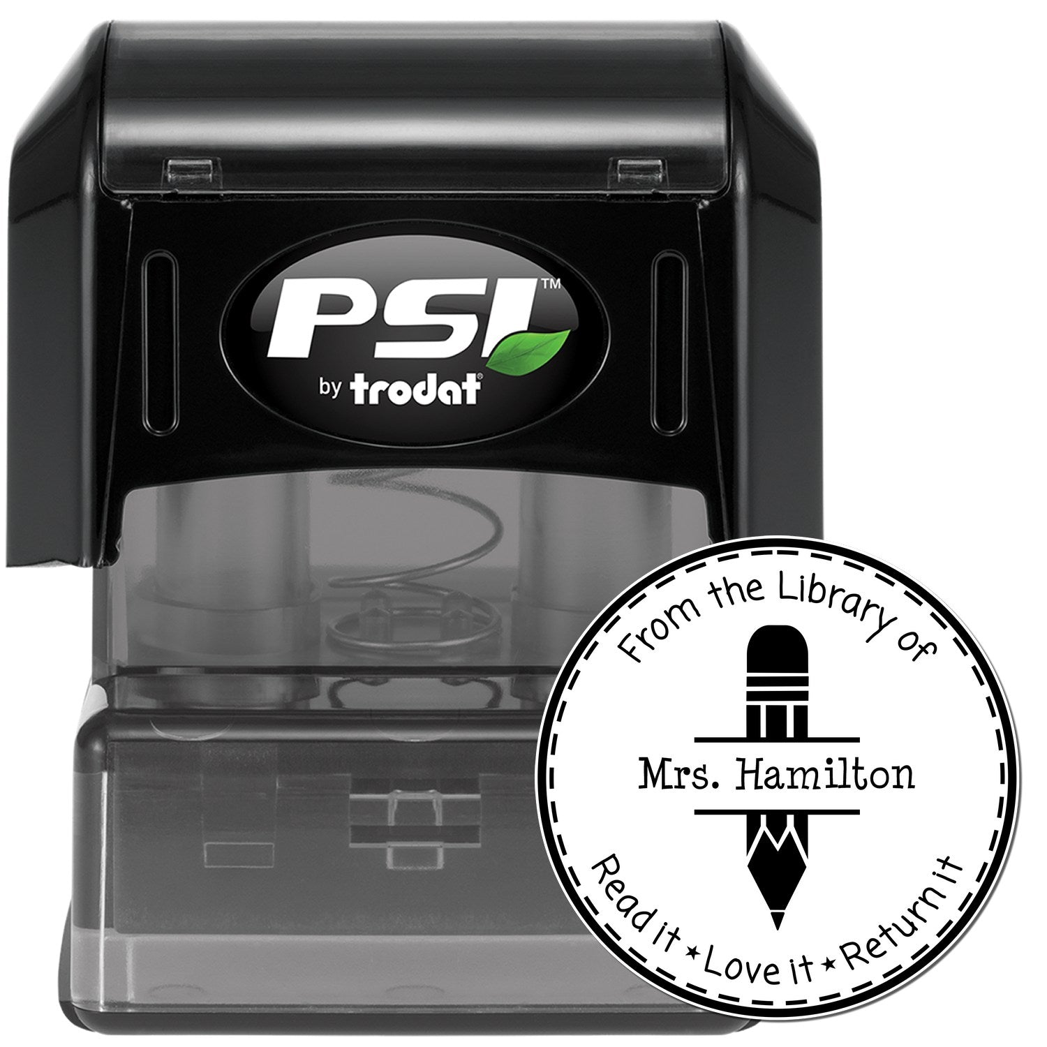 Black PSI by Trodat self-inking stamp with clear base and circular library return seal reading Mrs. Hamilton