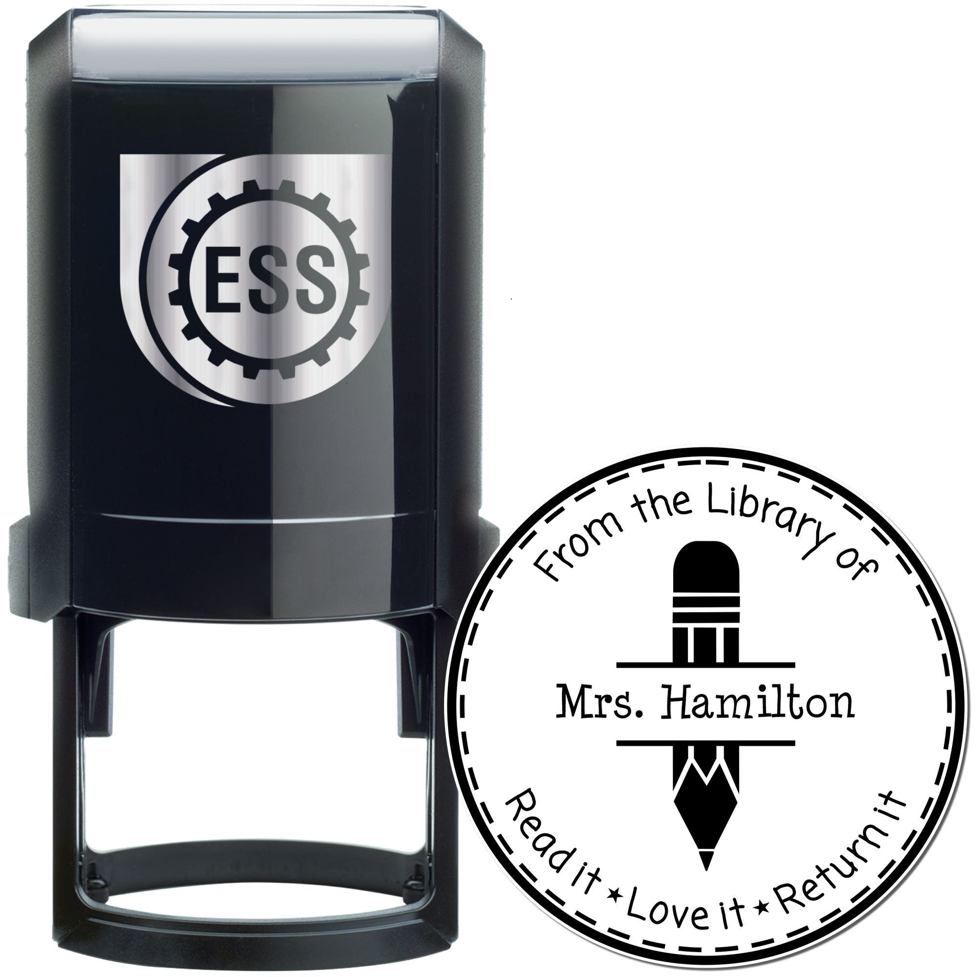 Black self-inking ESS stamp and round library seal with pencil icon, Mrs. Hamilton, and Read it Love it Return it text.
