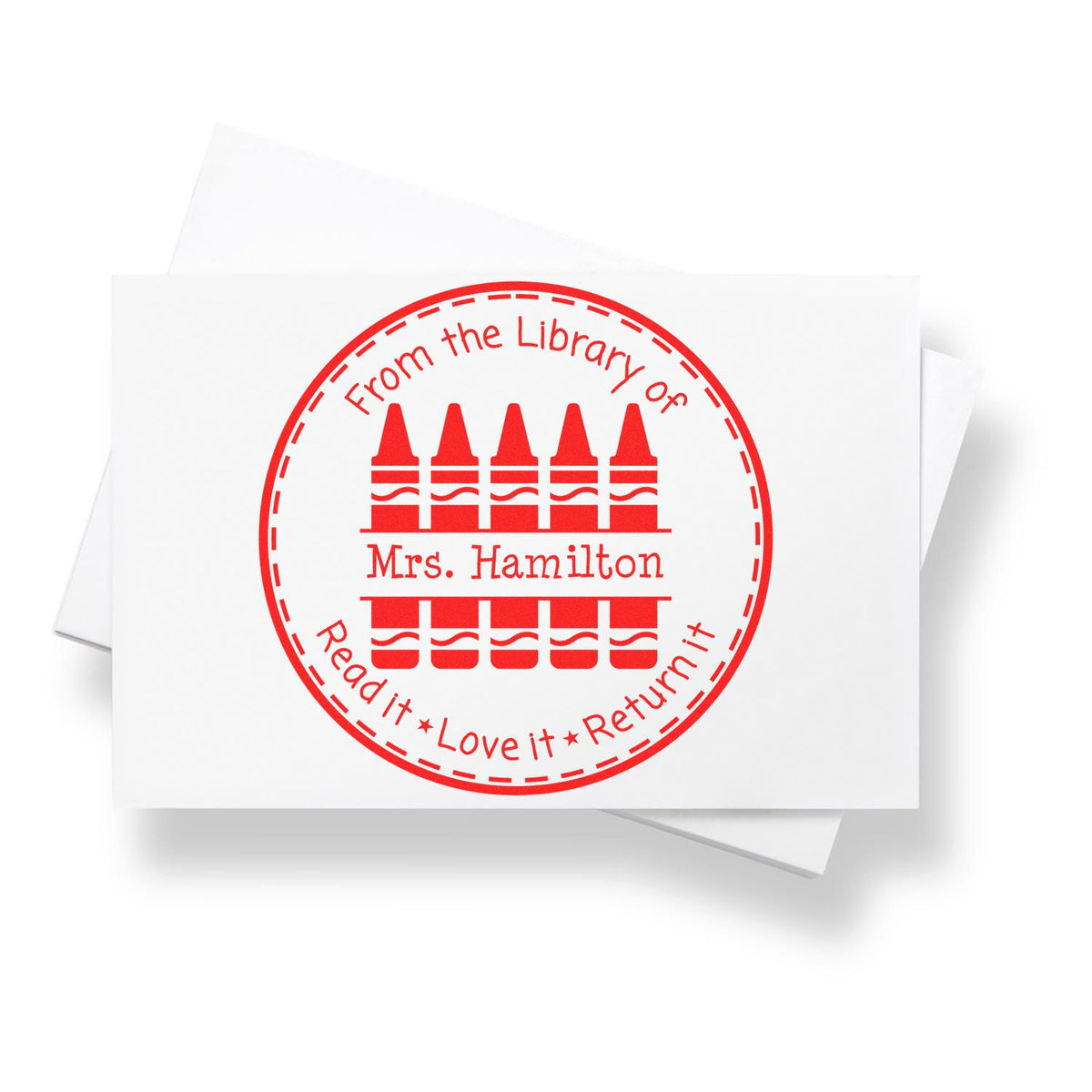 Red circular library book return stamp seal reading From the Library of Mrs. Hamilton, Read it, Love it, Return it on white cards.
