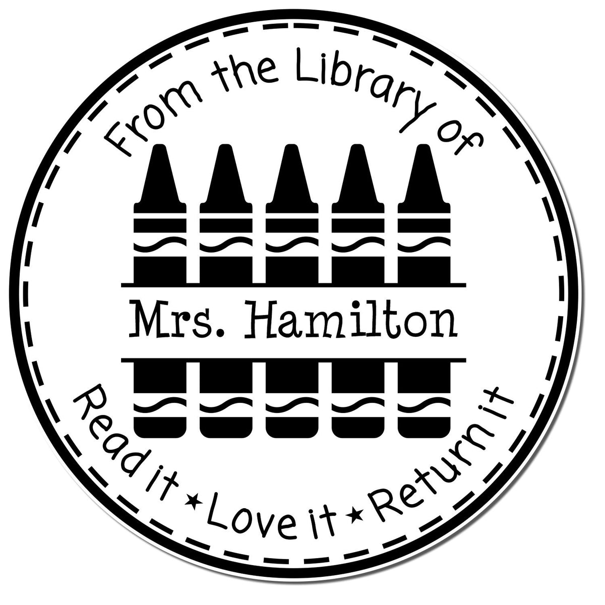 Black-and-white circular library return stamp seal with five crayons and the name Mrs. Hamilton.
