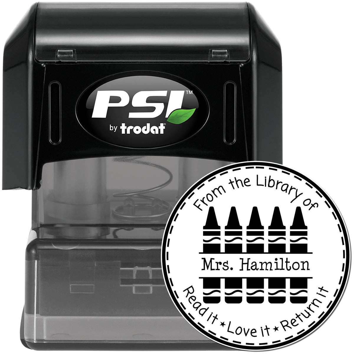 Black PSI by Trodat self-inking stamp with clear cap and round black-and-white library return seal for Mrs. Hamilton.