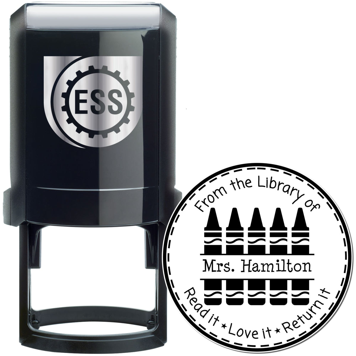 Black self-inking stamp and custom seal with silver ESS gear logo and round library seal for Mrs. Hamilton.