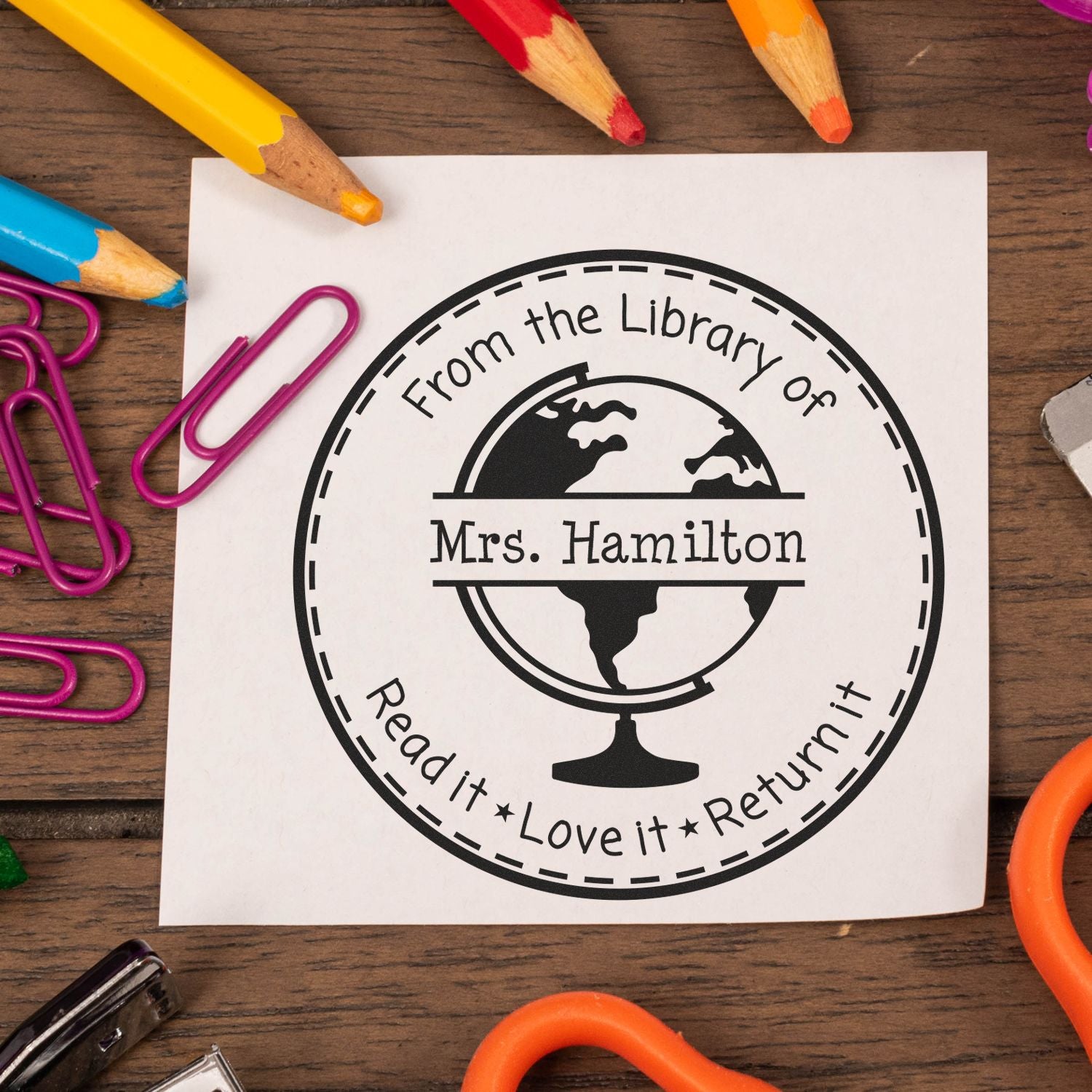 Pre-Inked Globe Customized Book Ownership For Classroom Stamp - Engineer Seal Stamps