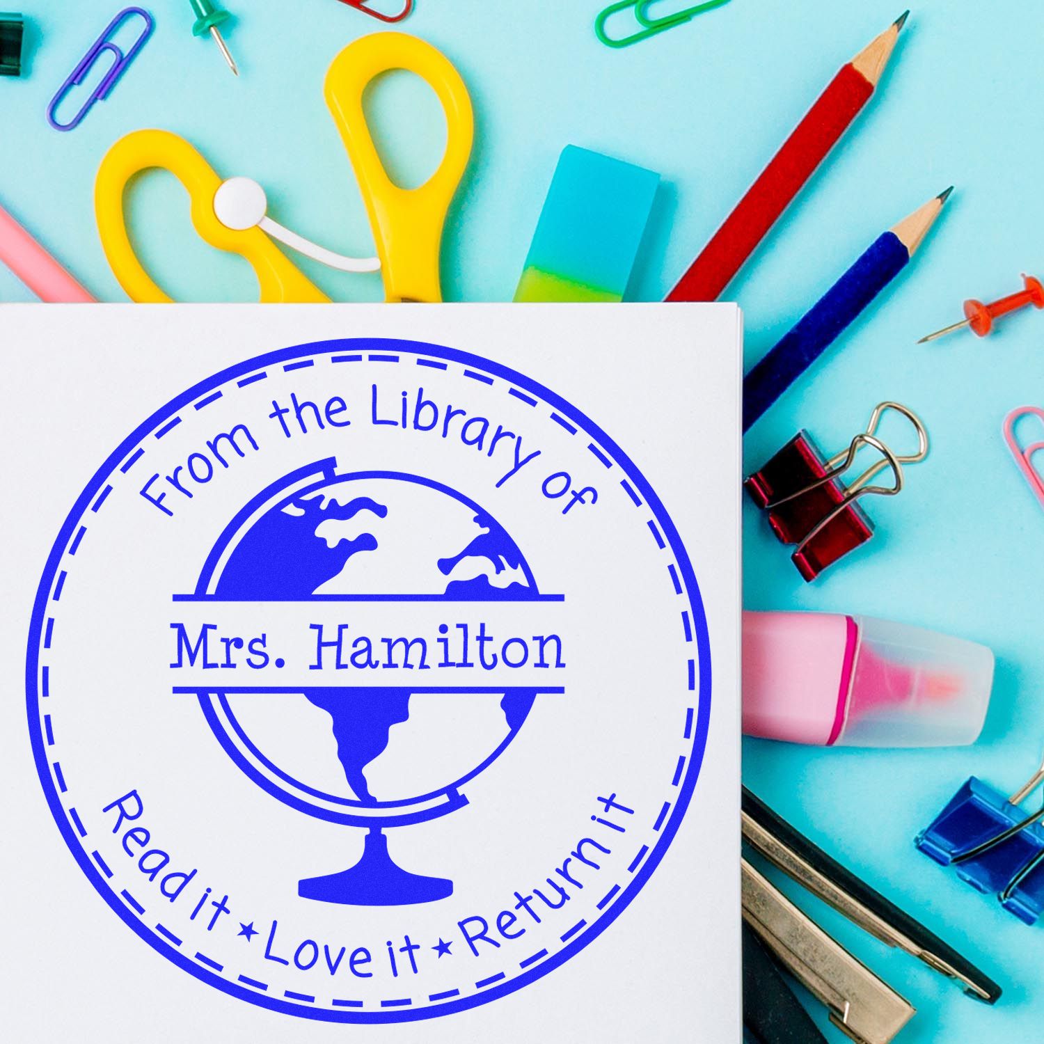 Pre-Inked Globe Customized Book Ownership For Classroom Stamp - Engineer Seal Stamps