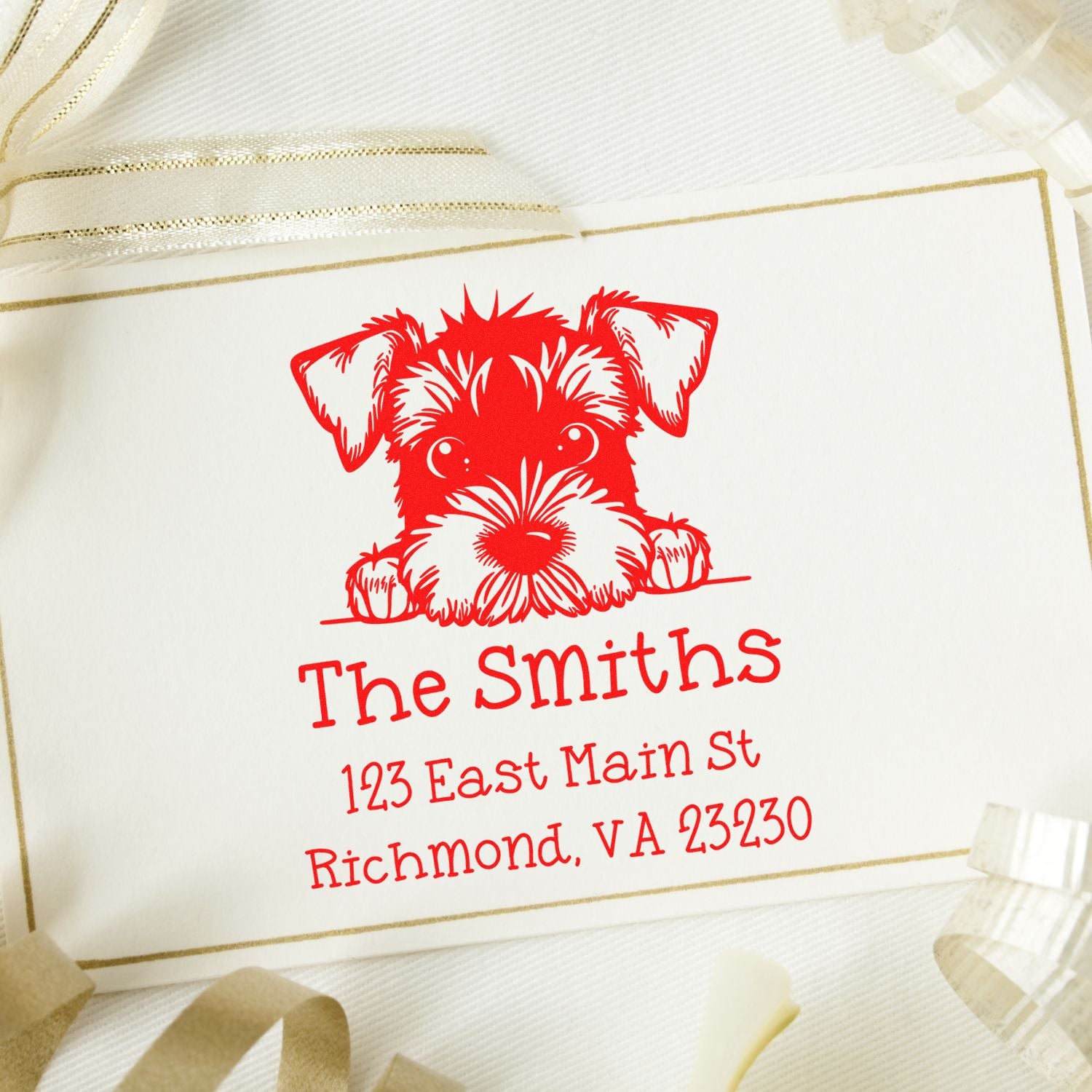Red custom stamp and seal with puppy, The Smiths name, and Richmond, VA address on white card with gold border.