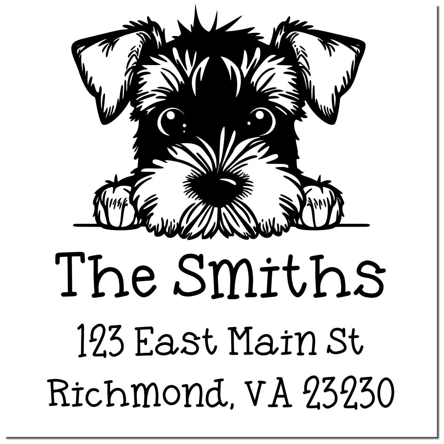 Black-and-white custom stamp seal with a puppy illustration, The Smiths, and address: 123 East Main St, Richmond, VA 23230.