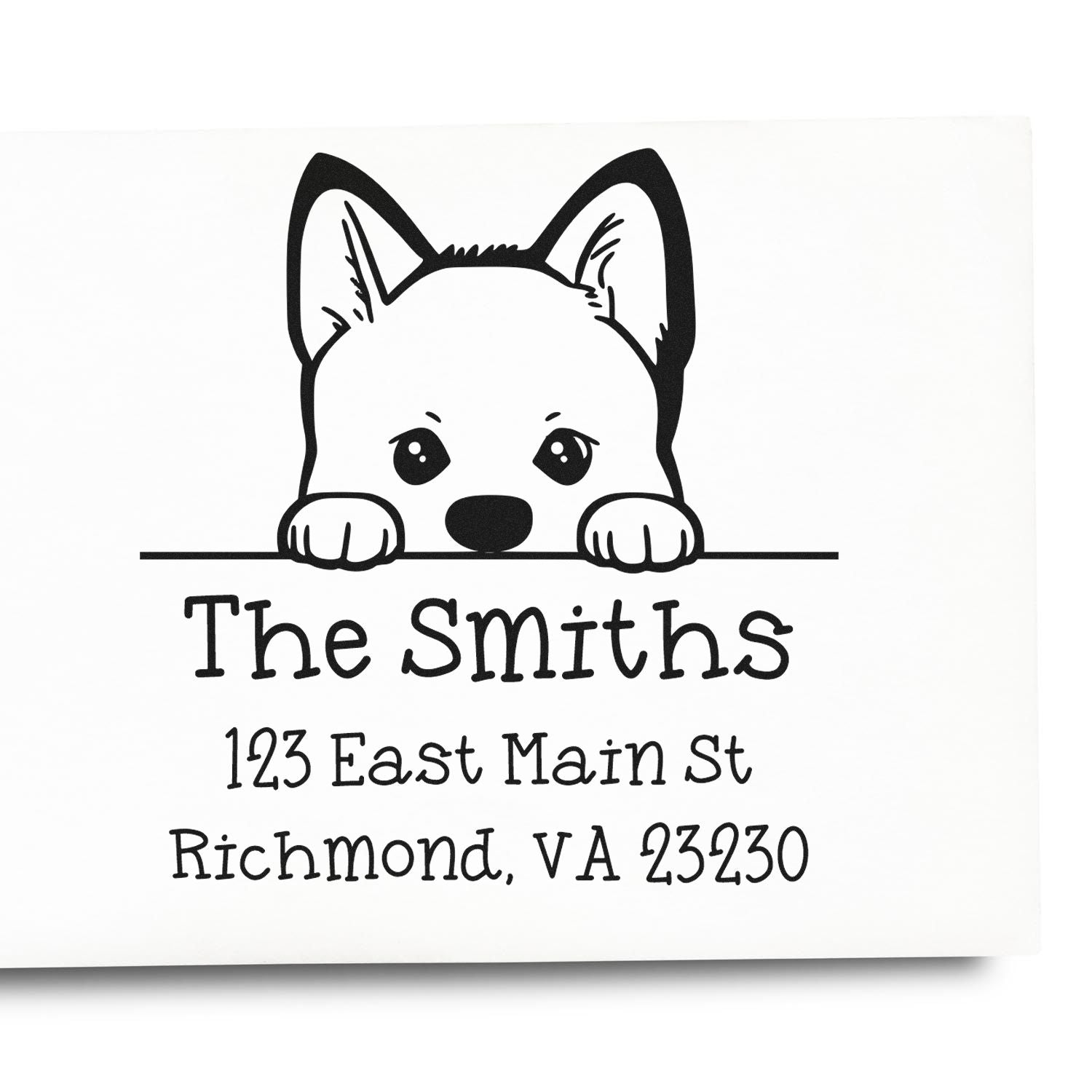 Black-and-white custom address stamp with peeking dog design, The Smiths, 123 East Main St, Richmond, VA 23230