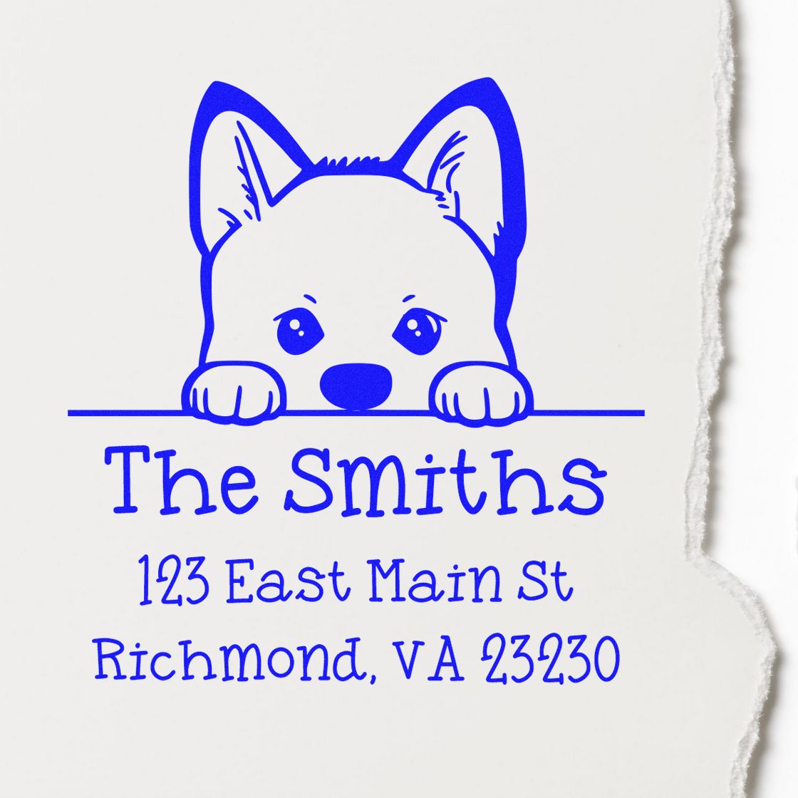 Blue dog mascot stamp and seal reading The Smiths, 123 East Main St, Richmond, VA 23230.