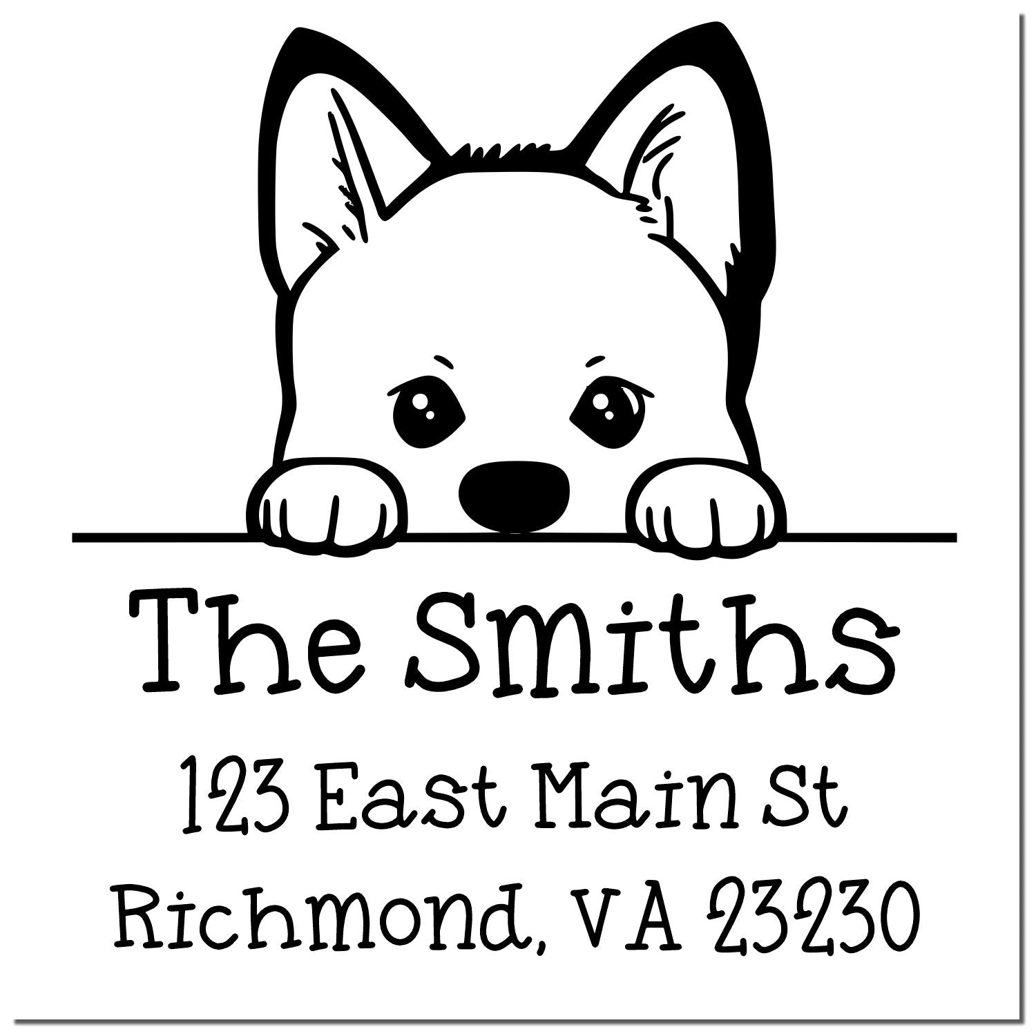 Black-and-white custom stamp and seal with peeking puppy, The Smiths, 123 East Main St, Richmond, VA 23230