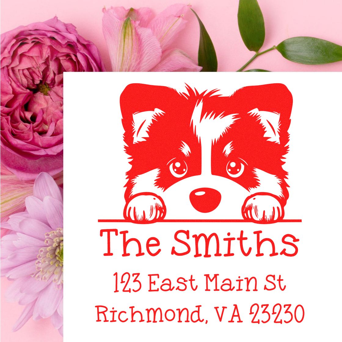 Red custom address stamp and seal with raccoon face, The Smiths, and Richmond, VA address on white.