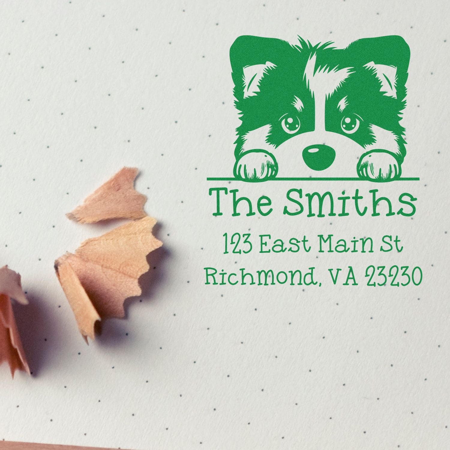 Green custom stamp and seal with raccoon, The Smiths, Richmond VA 23230 on white speckled paper.