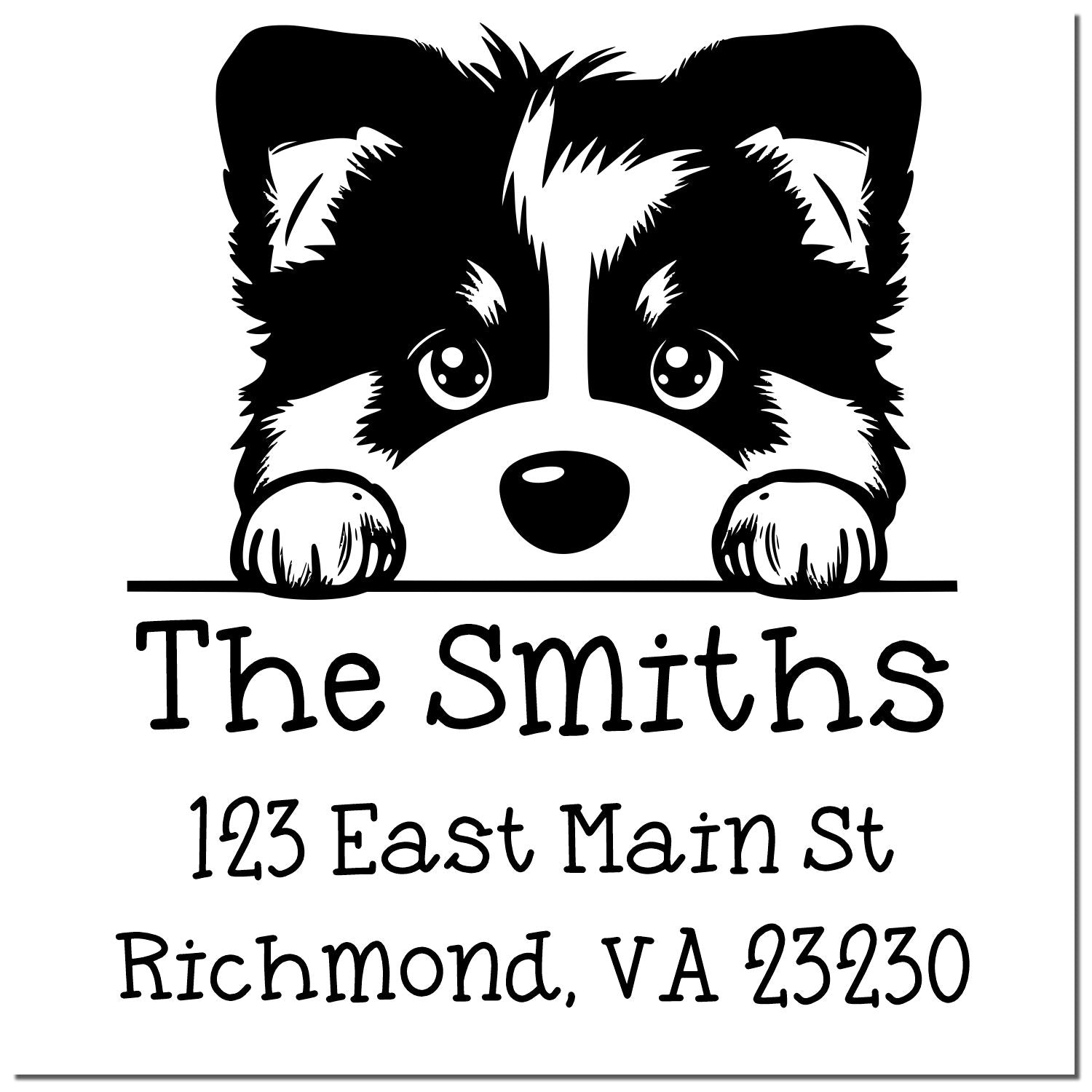 Black raccoon face custom stamp seal with The Smiths and Richmond, VA address in black text on white background.