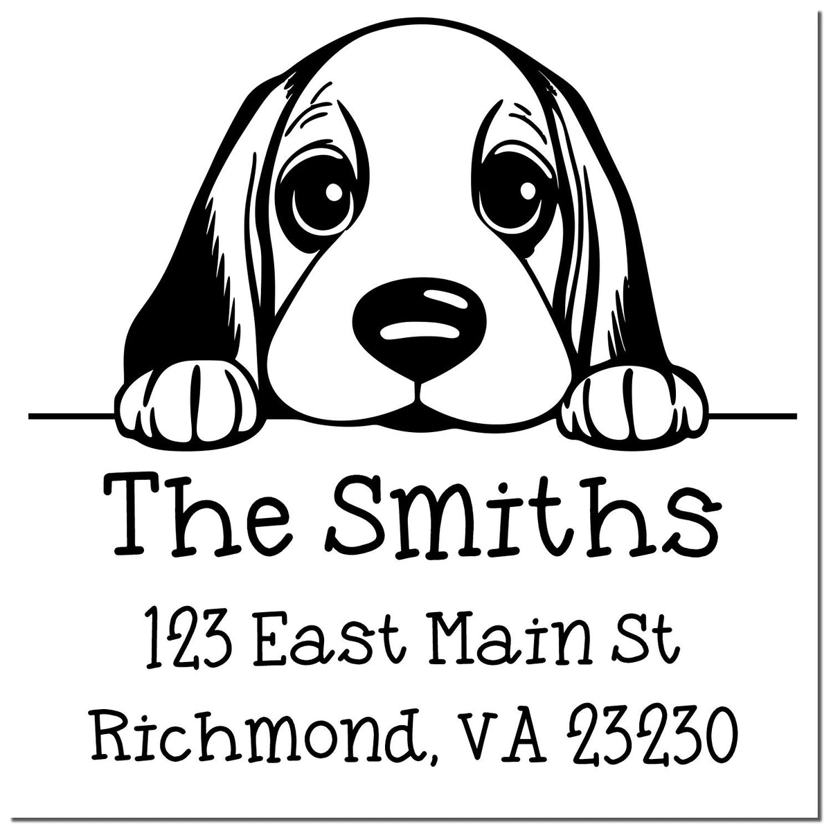 Black-and-white personalized return address stamp and seal with puppy face, The Smiths, 123 East Main St, Richmond, VA 23230.