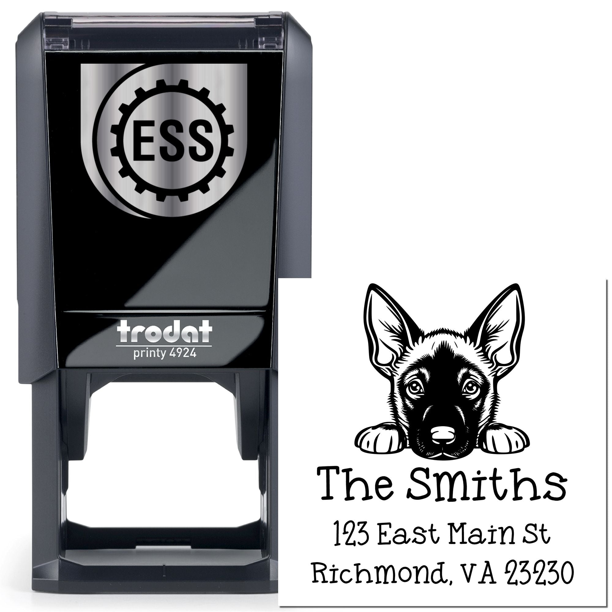 Self-Inking Belgian Malinois Peeking Puppy Mailing Address Stamp - Engineer Seal Stamps
