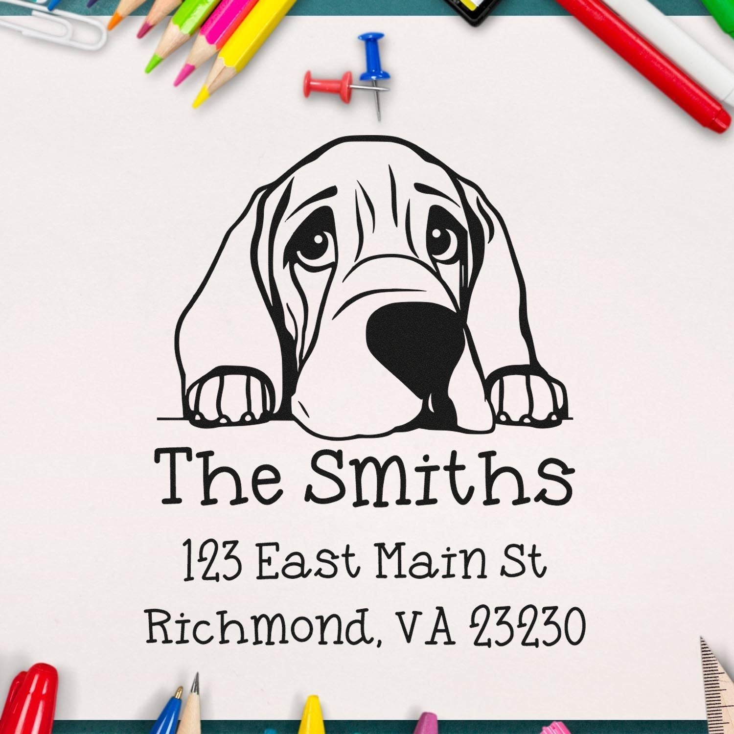 Wood Handle Bloodhound Puppy Custom Address Label Stamp - Engineer Seal Stamps