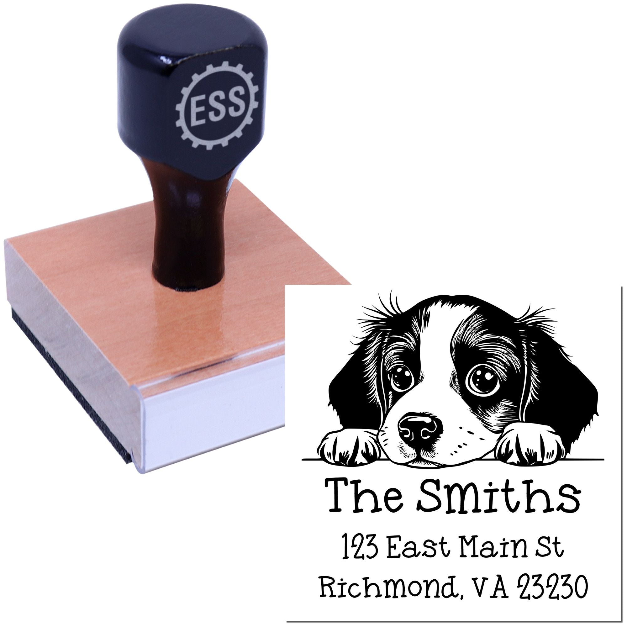 Wood Handle Brittany Puppy Custom Name and Address Stamp - Engineer Seal Stamps