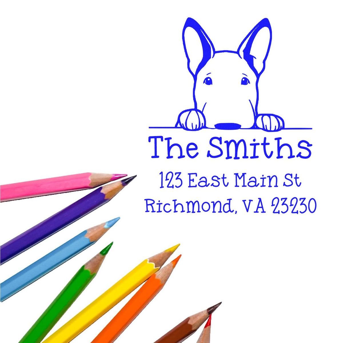 Blue custom rubber stamp and address seal with dog illustration, The Smiths text, and colorful pencils on white.