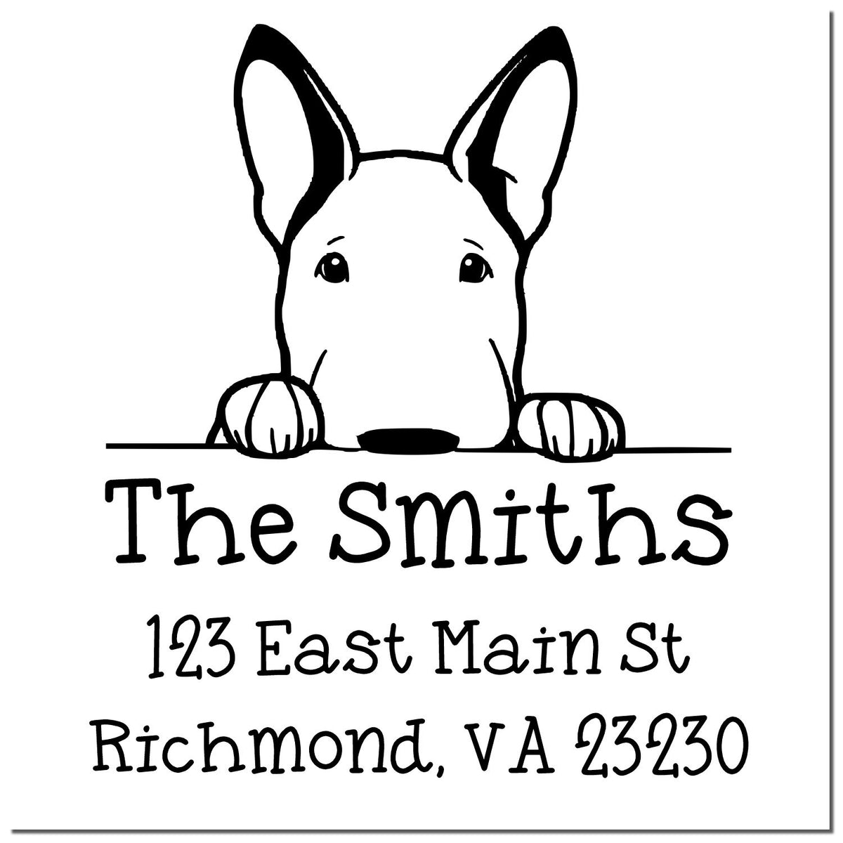 Black-and-white custom return address stamp with a French bulldog peeking over a line and text for The Smiths, Richmond VA 23230.