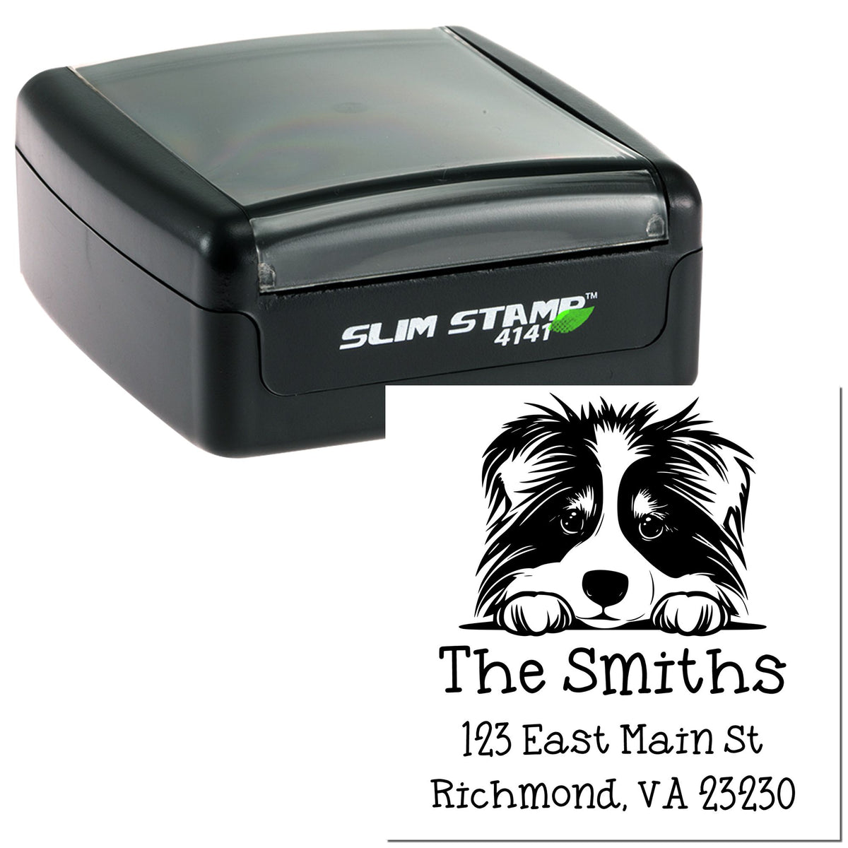 Black Slim Stamp self-inking stamp with custom dog seal, pawprint design, and family address in black on white.