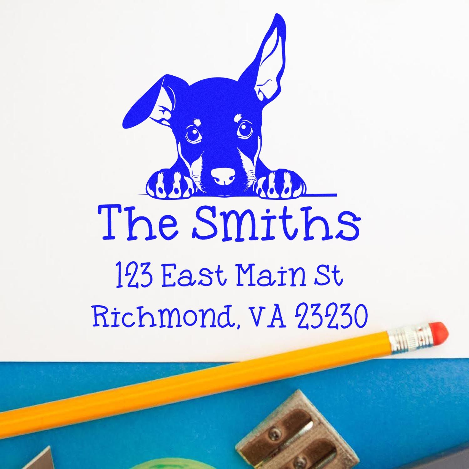 Wood Handle Doberman Pinscher Puppy Customized New Home Address Stamp - Engineer Seal Stamps