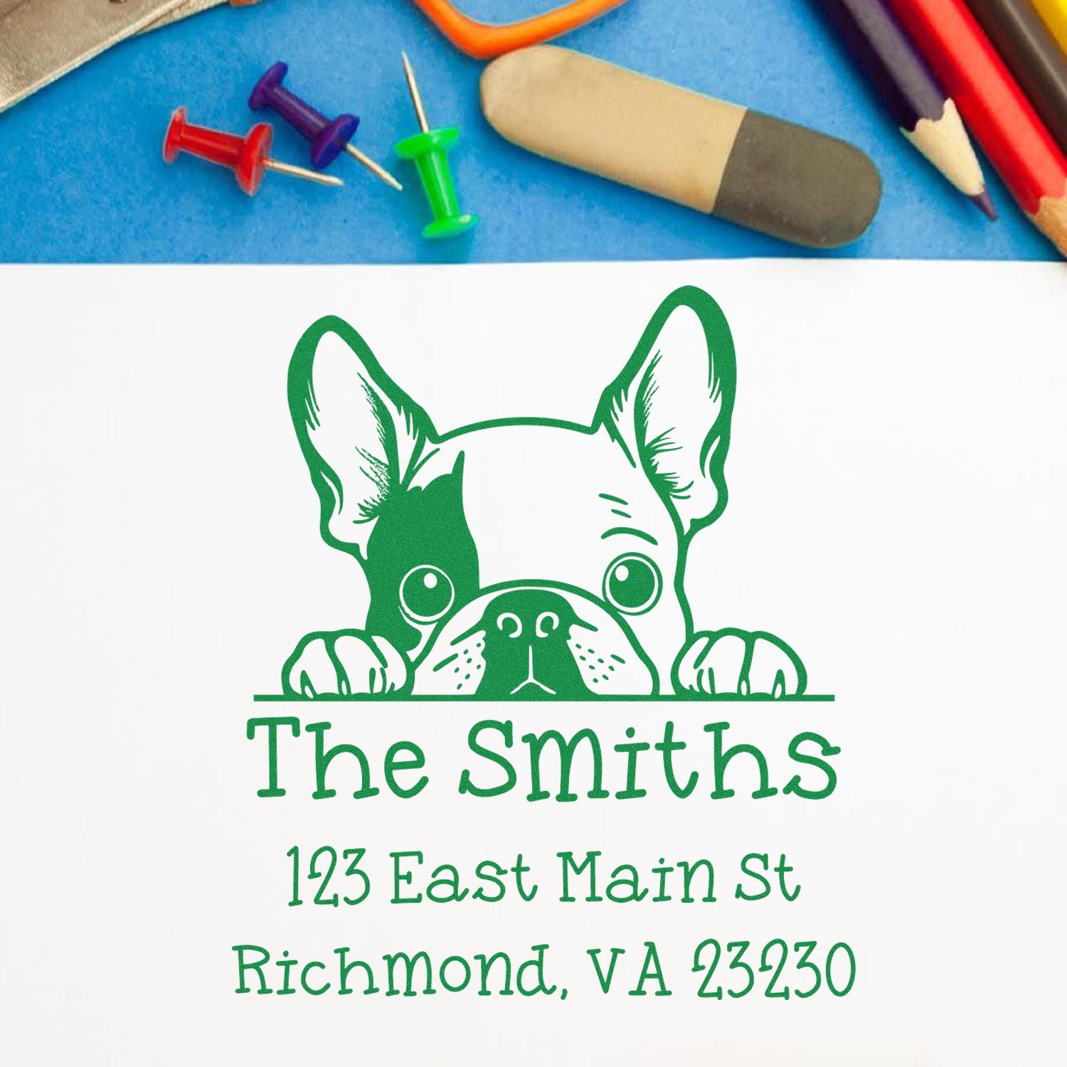 Self-Inking French Bulldog Peeking Puppy Custom Address Label Stamp - Engineer Seal Stamps