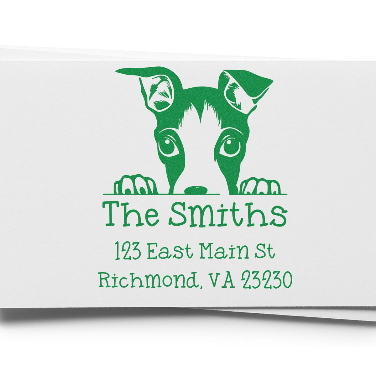 Green dog peeking custom stamp and seal for The Smiths, with green text and Richmond, VA 23230 address