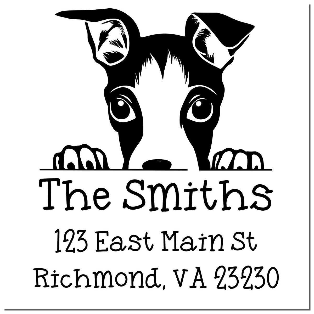 Black-and-white custom stamp seal with peeking dog logo and The Smiths address, Richmond VA 23230.