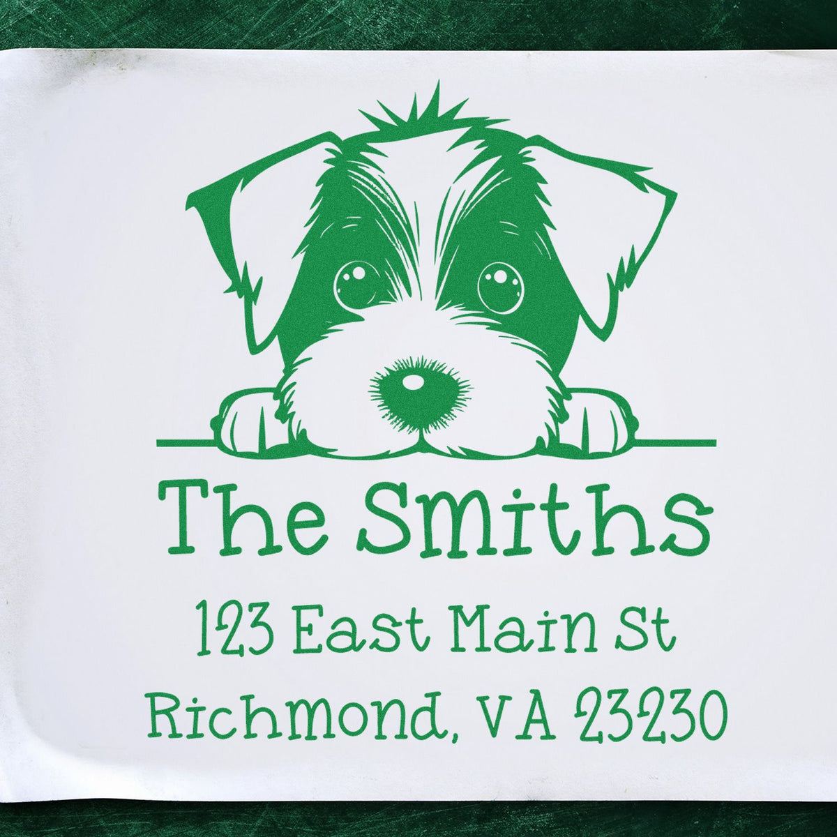 Green dog address stamp and seal with The Smiths, 123 East Main St, Richmond, VA 23230 on white background