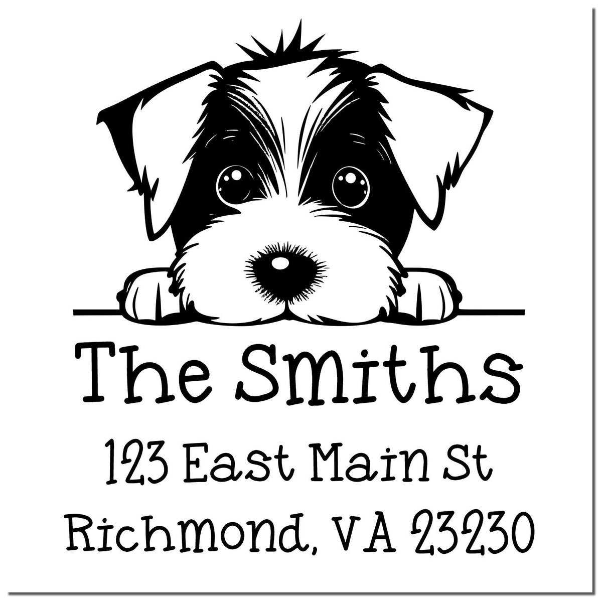 Black custom self-inking address stamp with puppy illustration, The Smiths, and Richmond, VA address on white background.