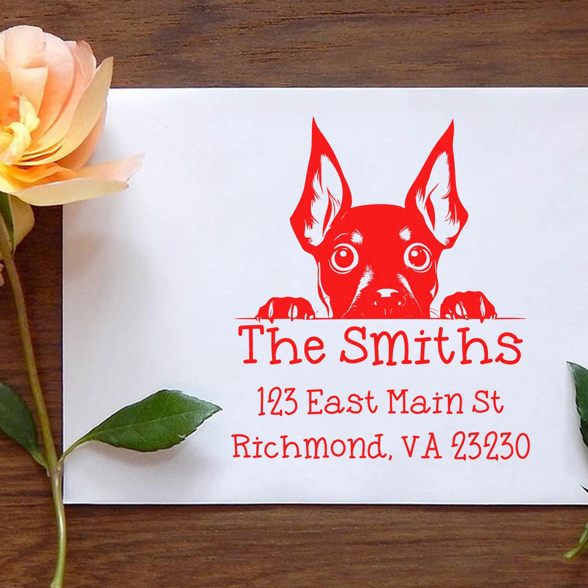 Red custom dog stamp and seal on white card, featuring The Smiths and Richmond, VA address.