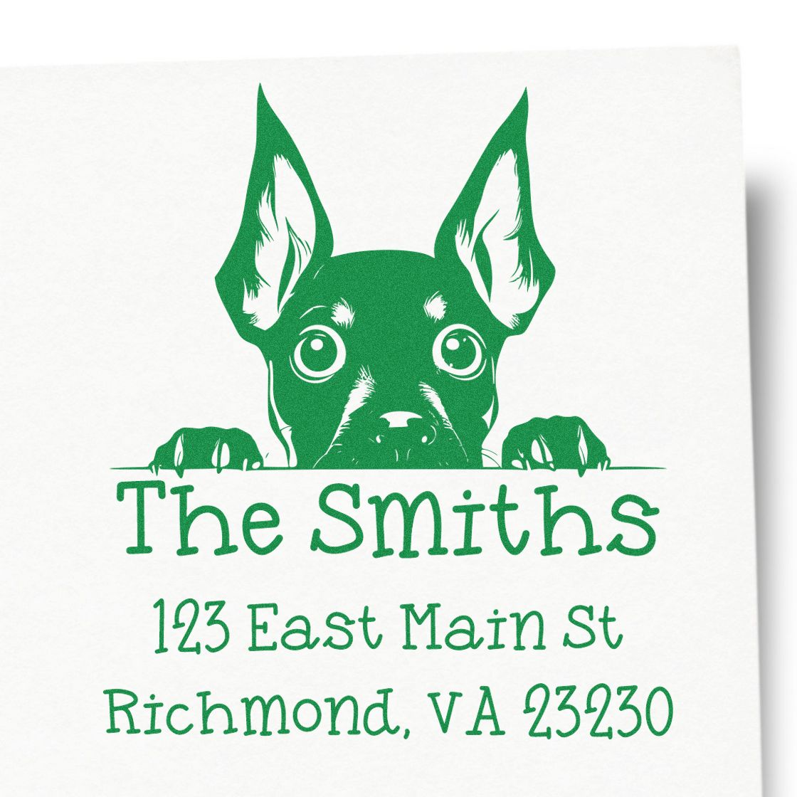 Green custom address stamp and seal with dog peeking over line, The Smiths, 123 East Main St, Richmond, VA 23230.