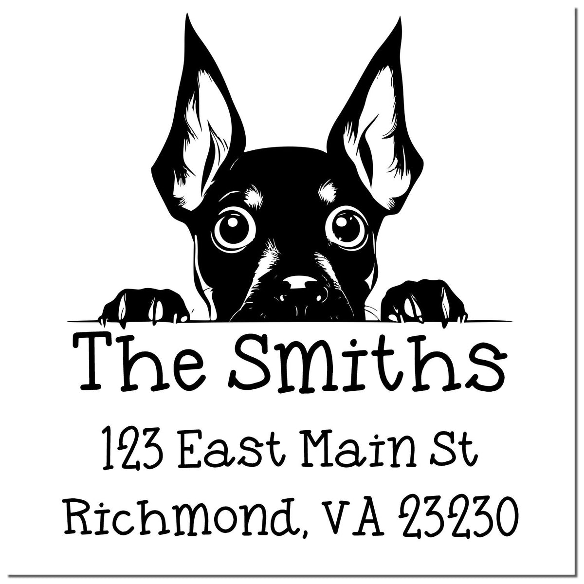 Black-and-white custom stamp seal with a peeking dog and address: The Smiths, 123 East Main St, Richmond, VA 23230.