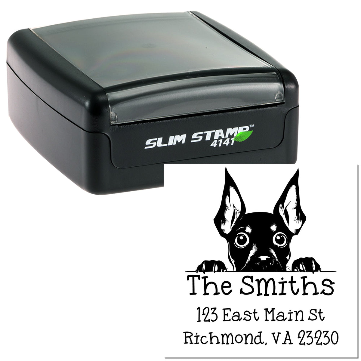 Black self-inking Slim Stamp with clear cap and custom dog seal reading The Smiths and address text