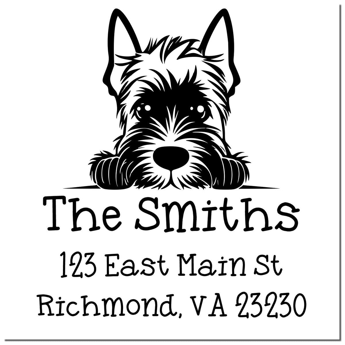 Black-and-white custom address stamp with Scottish terrier seal, reading The Smiths, 123 East Main St, Richmond, VA 23230.