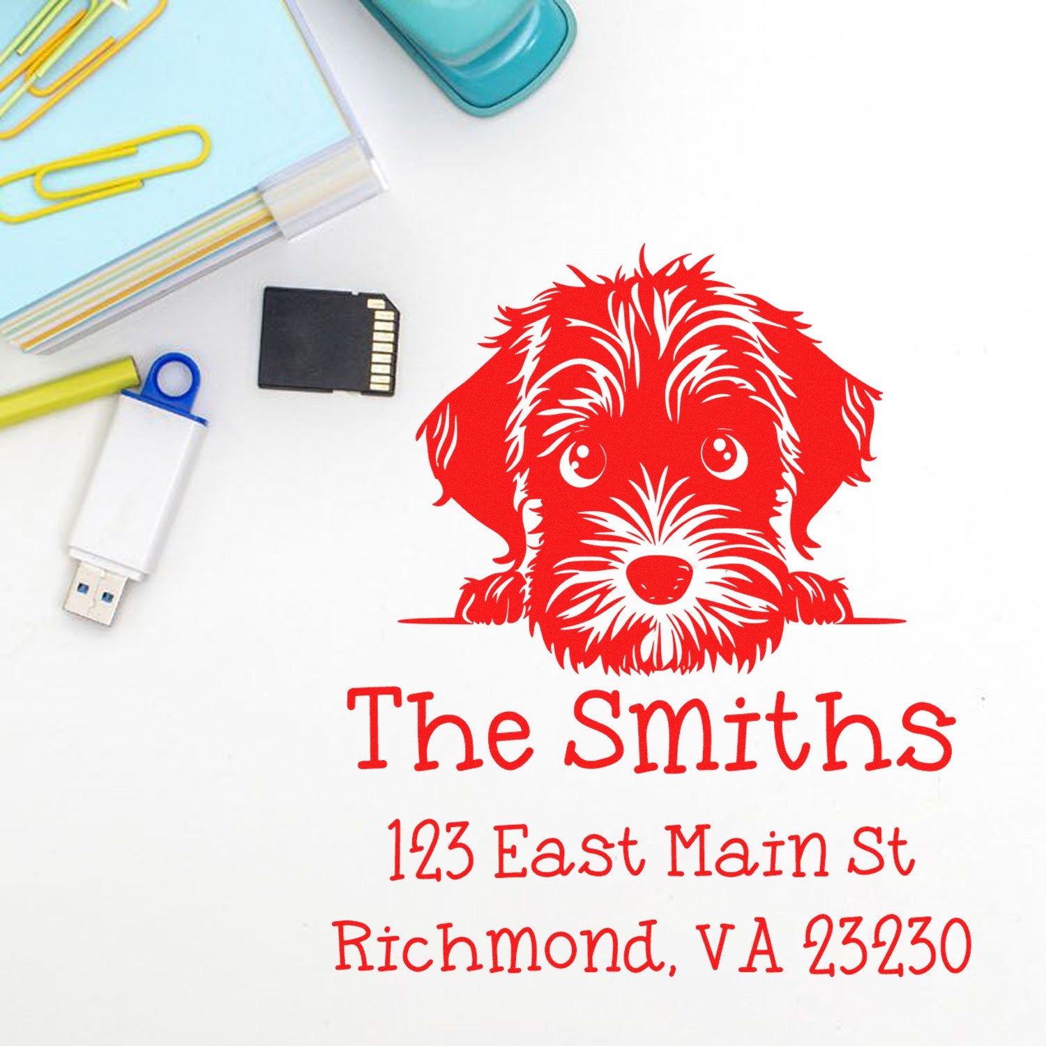 Wood Handle Wirehaired Pointing Griffon Puppy Personalized Mailing Label Stamp - Engineer Seal Stamps