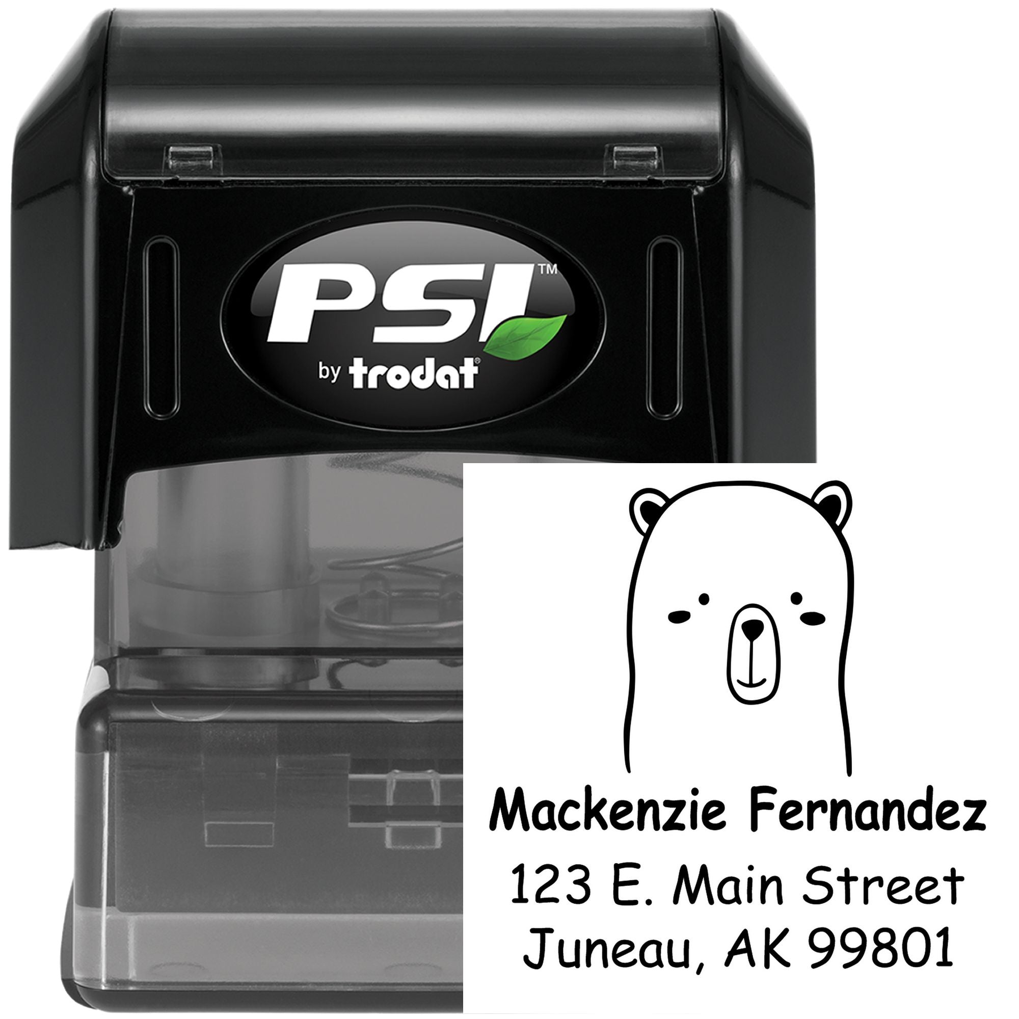 Image of an Adorable Bear Pre-Inked Personalized New Home Stamp featuring a cute bear illustration. The Personalized New Address Stamper displays the name "Mackenzie Fernandez" with an address in Juneau, AK. The stamp is black with PSI branding.