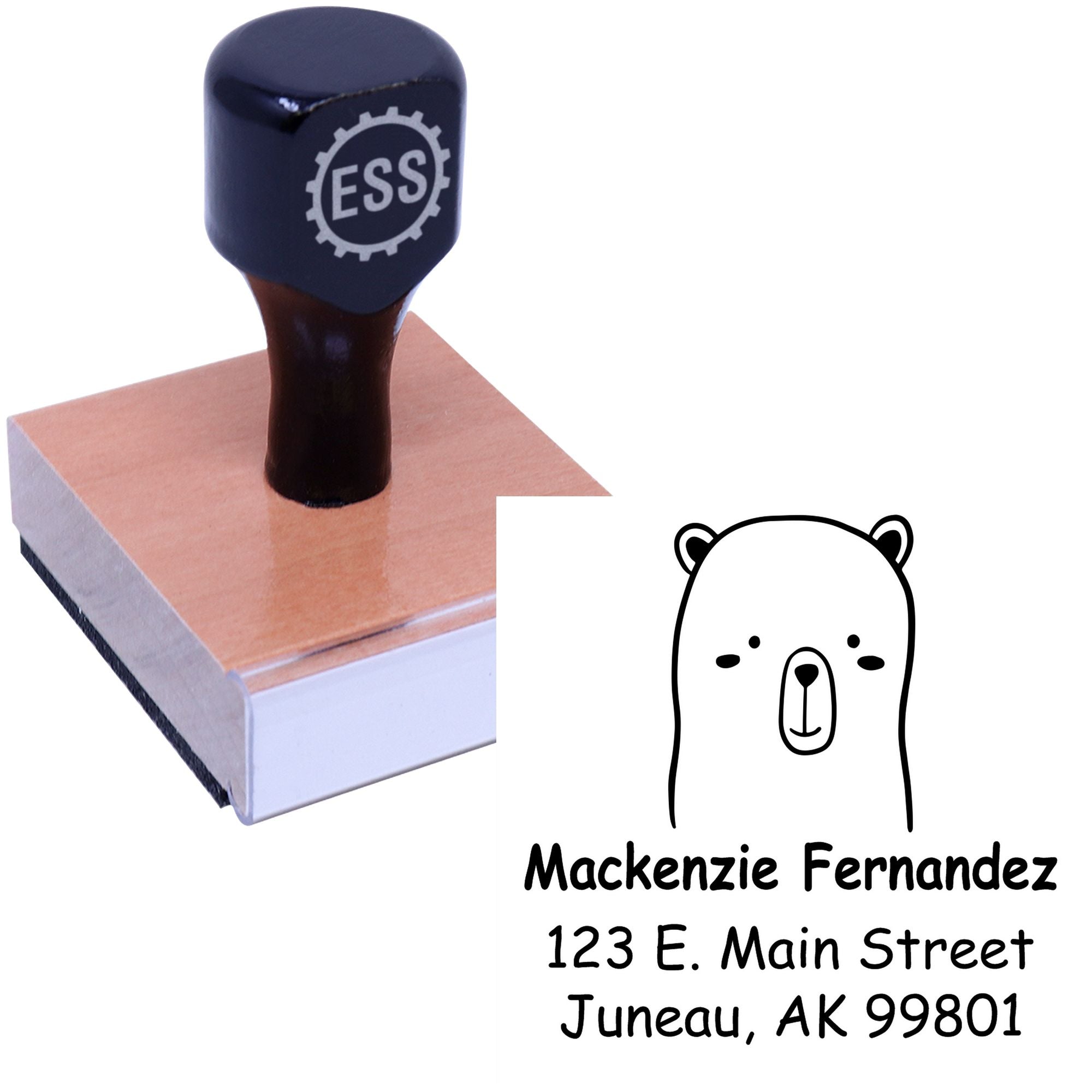 Wood handle stamp featuring an adorable bear cartoon animal design. Made to order mail stamp with personalizable mailing stamper option.