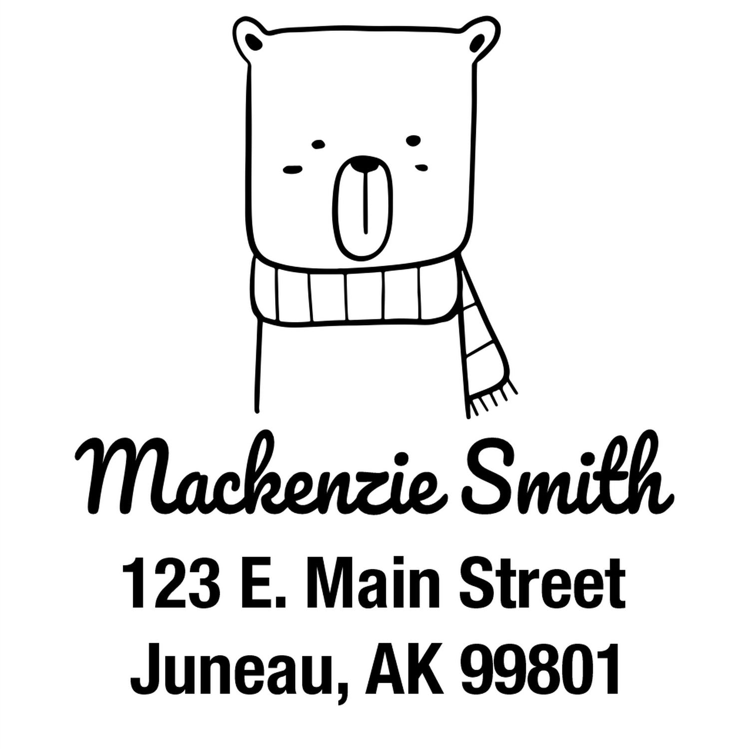 Wood handle snuggly bear cartoon animal made to order mail stamper featuring a personalized return mail stamper design. The bear wears a scarf above the name "Mackenzie Smith" and address "123 E. Main Street, Juneau, AK 99801."