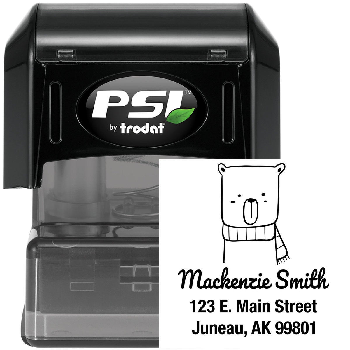 Snuggly Bear Pre-Inked Personalized New Home Stamper featuring a cute bear illustration. Custom New Address Stamper with the name "Mackenzie Smith" and address "123 E. Main Street, Juneau, AK 99801" displayed on a black stamper.