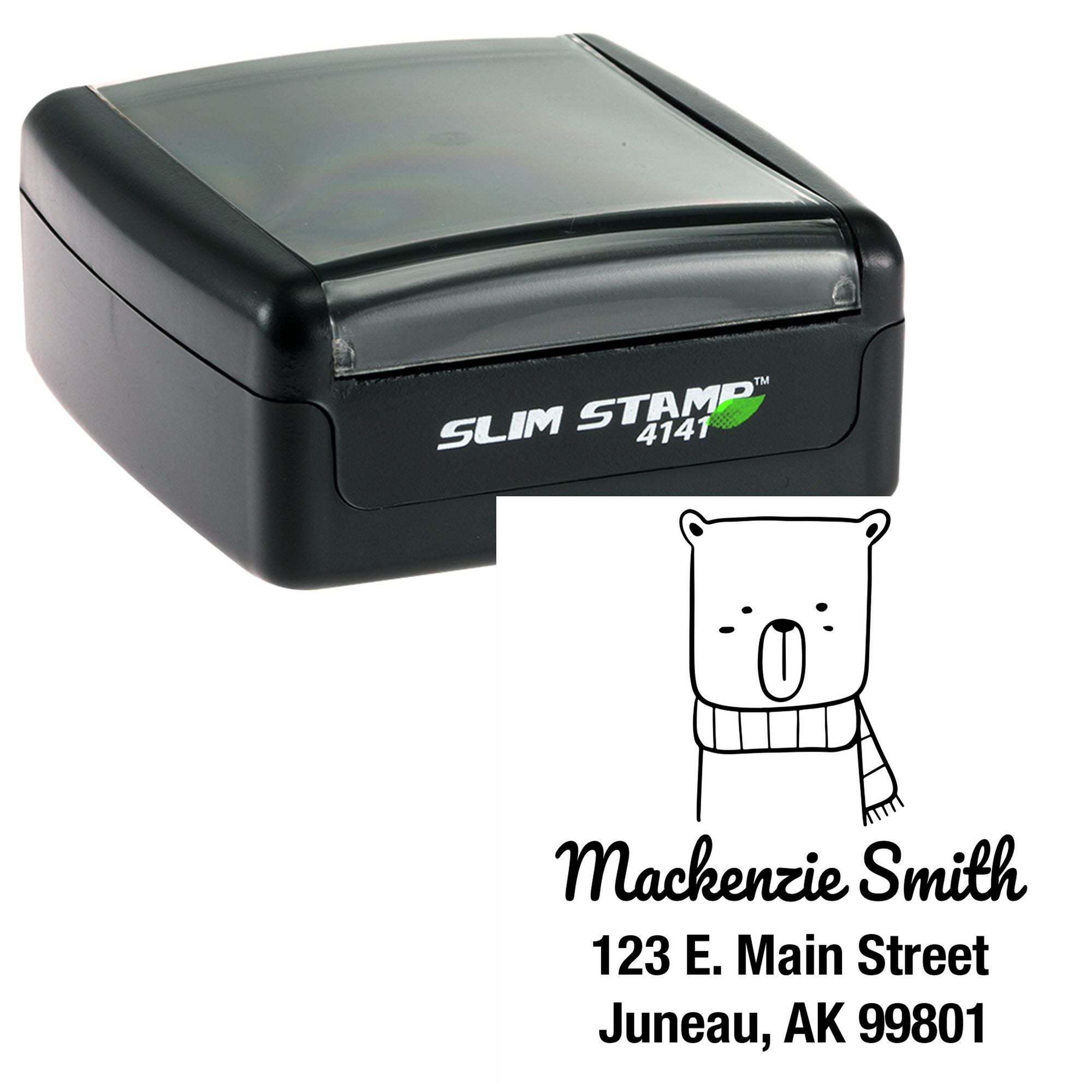 Portable Pre-Inked Snuggly Bear Handcrafted New Home Stamp featuring a cute bear design. Personalized Return Mail Stamp with the name Mackenzie Smith and address 123 E. Main Street, Juneau, AK 99801. Black Slim Stamp 4141 shown.