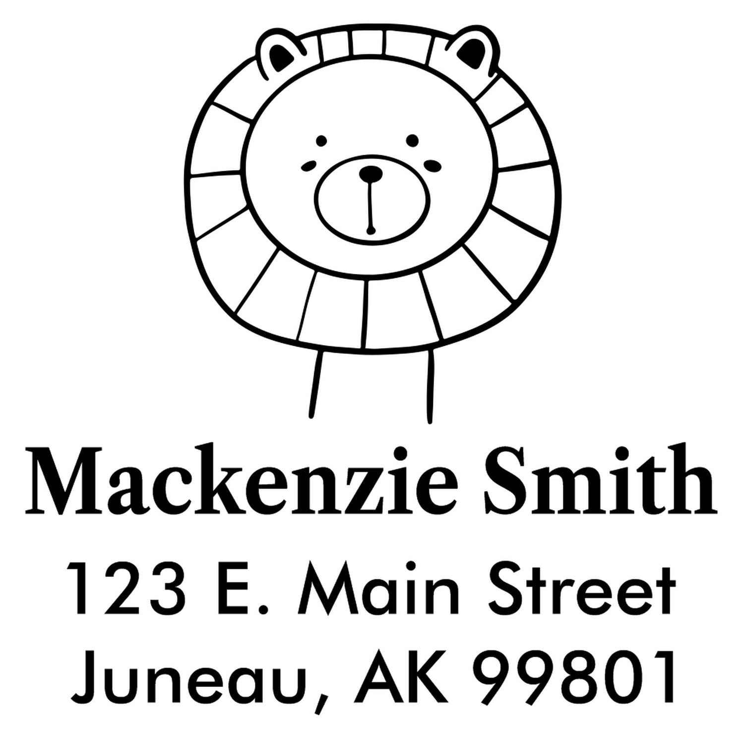 Lovable Lion's Lair Pre-Inked Customized Mail Stamp featuring a cute lion illustration above the name "Mackenzie Smith" and address "123 E. Main Street, Juneau, AK 99801." This customizable mailing stamp adds charm to your correspondence.