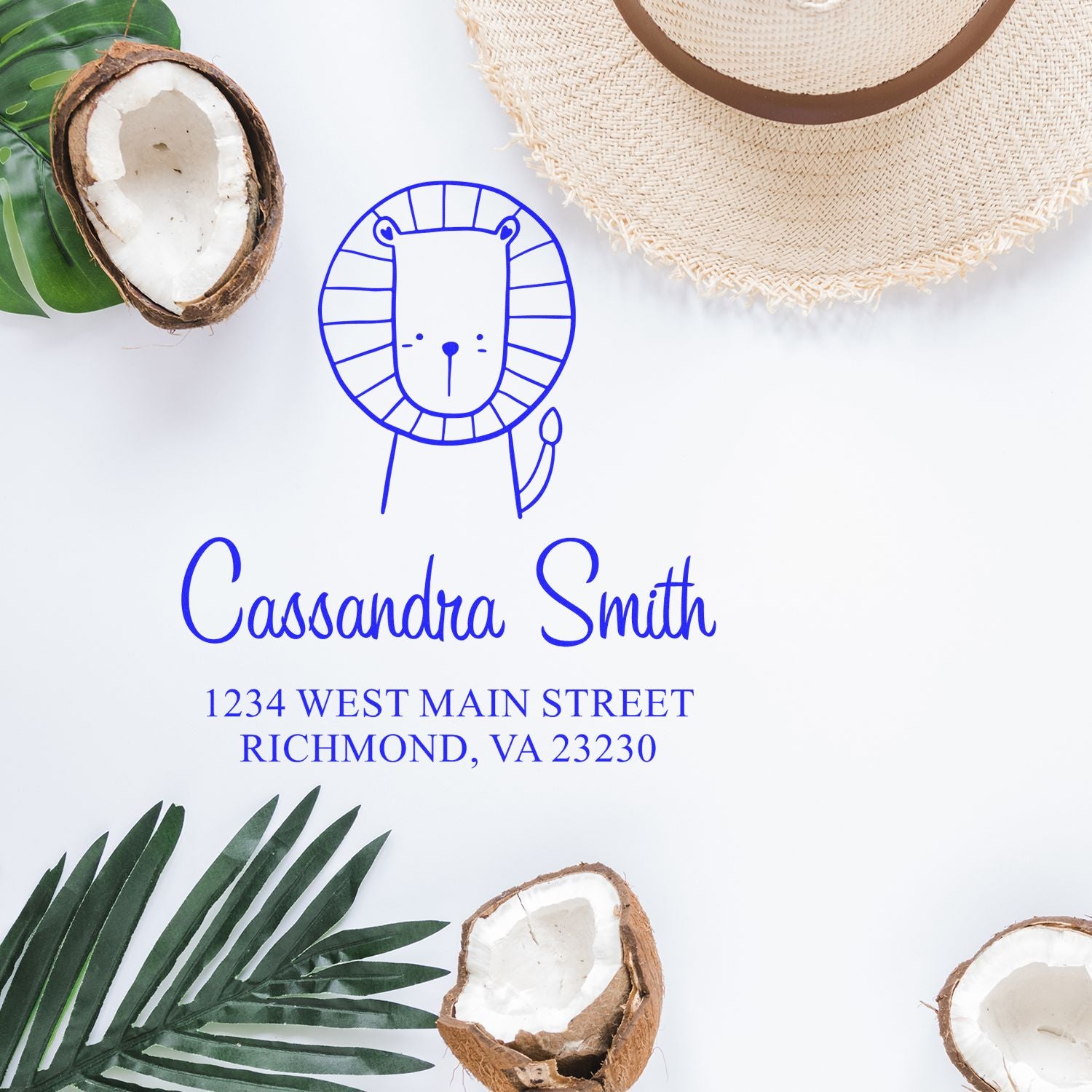 Wood handle Little Roar cartoon animal made to order return address stamper featuring a lion design. Personalized home stamp with the name "Cassandra Smith" and address "1234 West Main Street, Richmond, VA 23230" on a white background with coconuts and a hat.