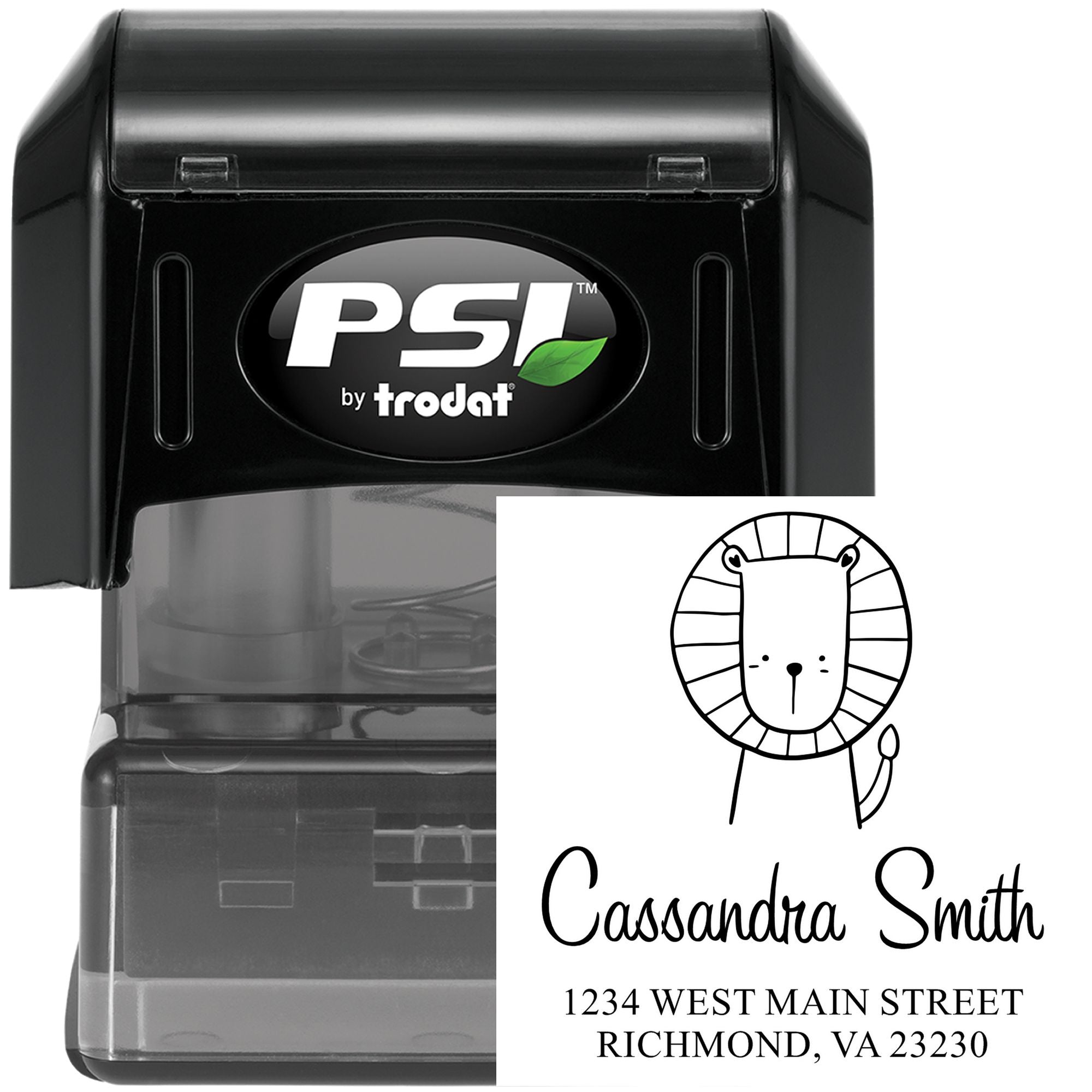 Little Roar Pre-Inked Customized Mail Stamper featuring a cute lion design. Personalizable New Address Stamper with the name "Cassandra Smith" and address "1234 West Main Street, Richmond, VA 23230" displayed. Black casing with PSI branding.