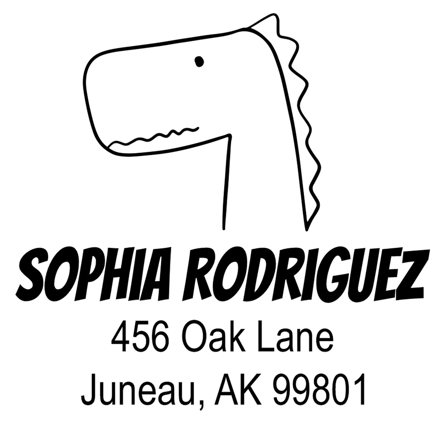 Mirthful Dino Pre-Inked Customized Return Address Stamp featuring a dinosaur illustration above the name "Sophia Rodriguez" with the address "456 Oak Lane, Juneau, AK 99801." This Custom-Made Home Stamp adds a playful touch to correspondence.