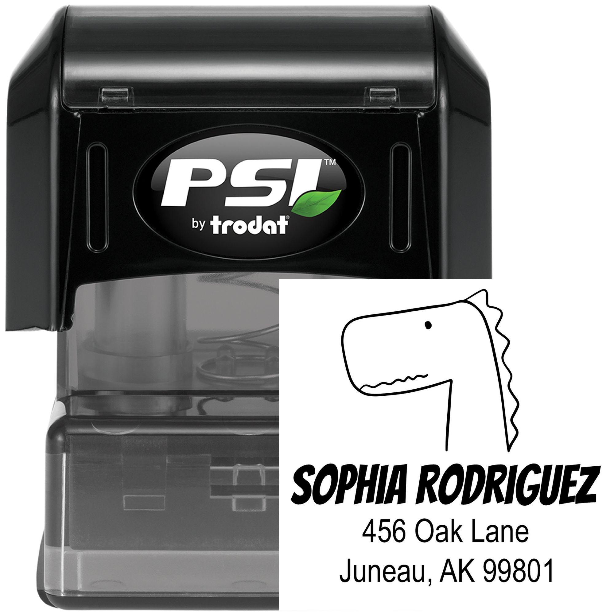 Image of a Mirthful Dino Pre-Inked Customized Return Address Stamp featuring a dinosaur illustration. The Custom-Made Address Stamp displays the name "Sophia Rodriguez" with an address in Juneau, AK. The stamp is black with a clear base.