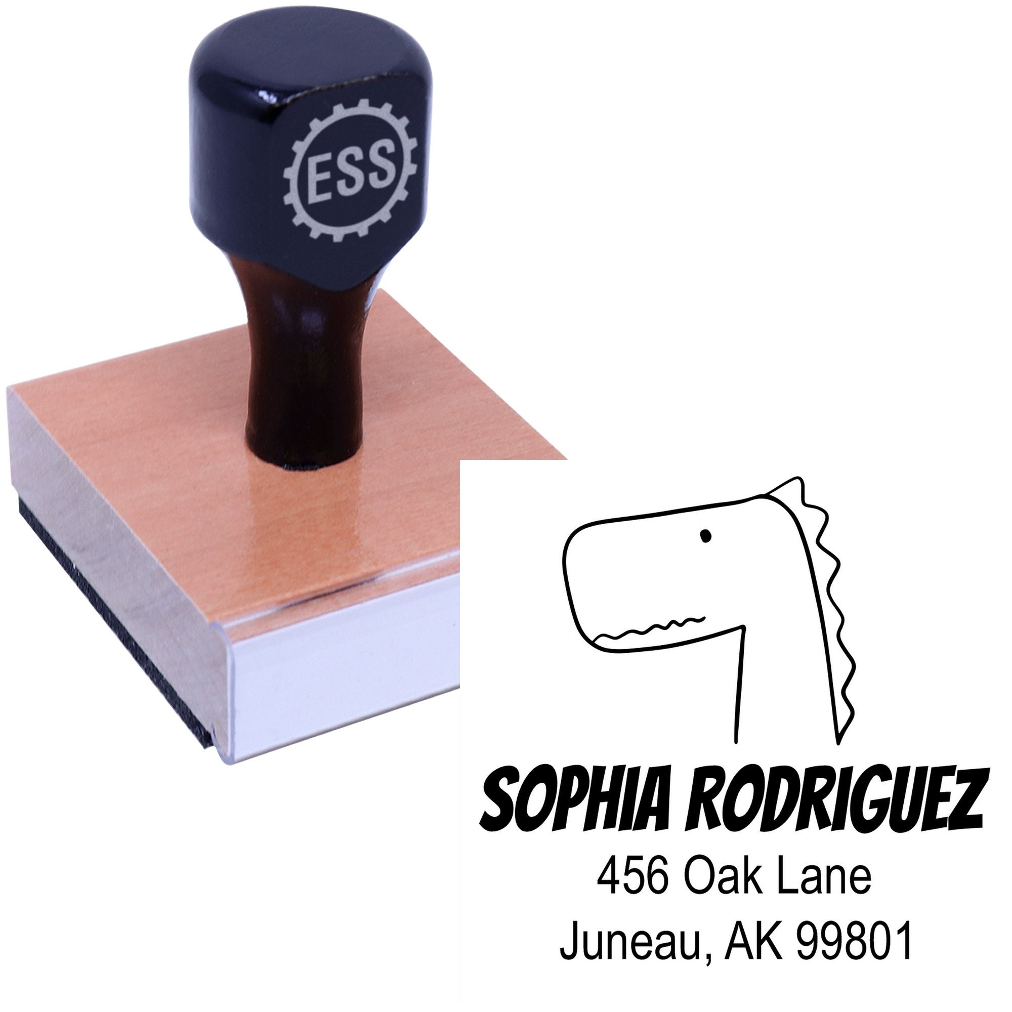 Wood handle mirthful dino cartoon animal made to order address stamp with custom-made mailing stamper design. The stamp features a simple dinosaur illustration and personalized address details, ideal for adding a playful touch to mail.
