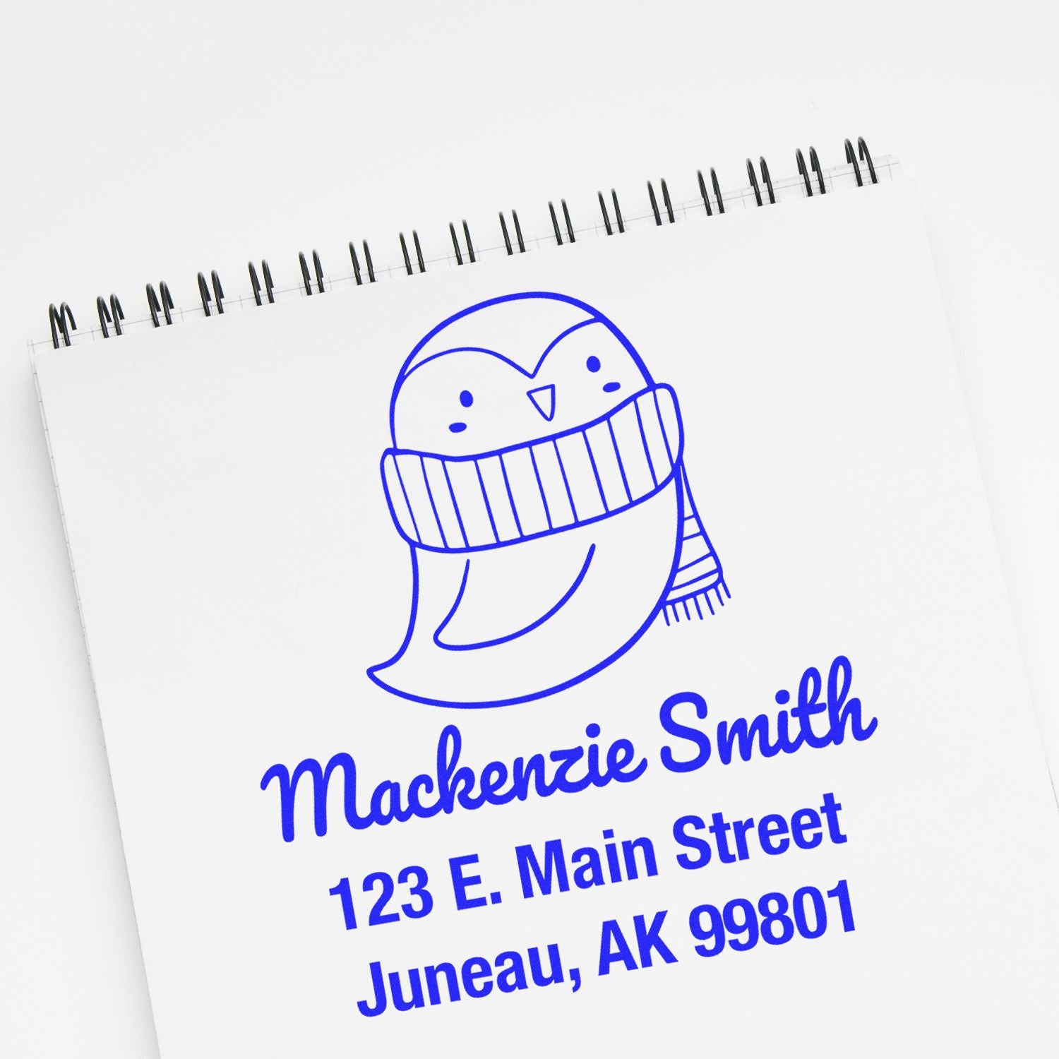 Self-Inking Cartoon Animal Pretty Penguin Custom Made Address Stamper on a notepad. The design features a penguin wearing a scarf above the customizable address stamp text: "Mackenzie Smith, 123 E. Main Street, Juneau, AK 99801."