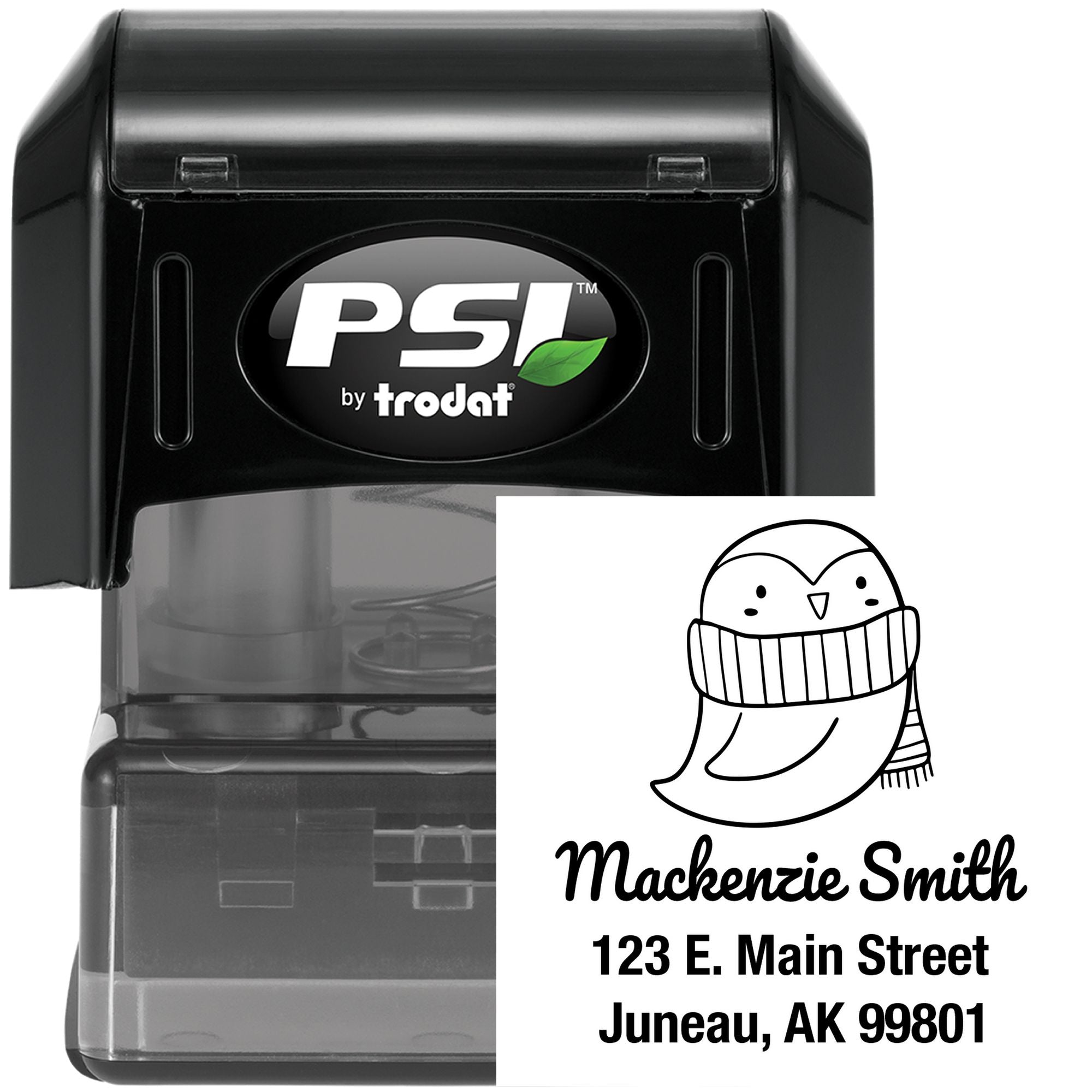 Pretty Penguin Pre-Inked Customized Address Stamp featuring a penguin illustration. Customizable Address Stamp with the name Mackenzie Smith and address 123 E. Main Street, Juneau, AK 99801. Black stamp with PSI by Trodat branding.