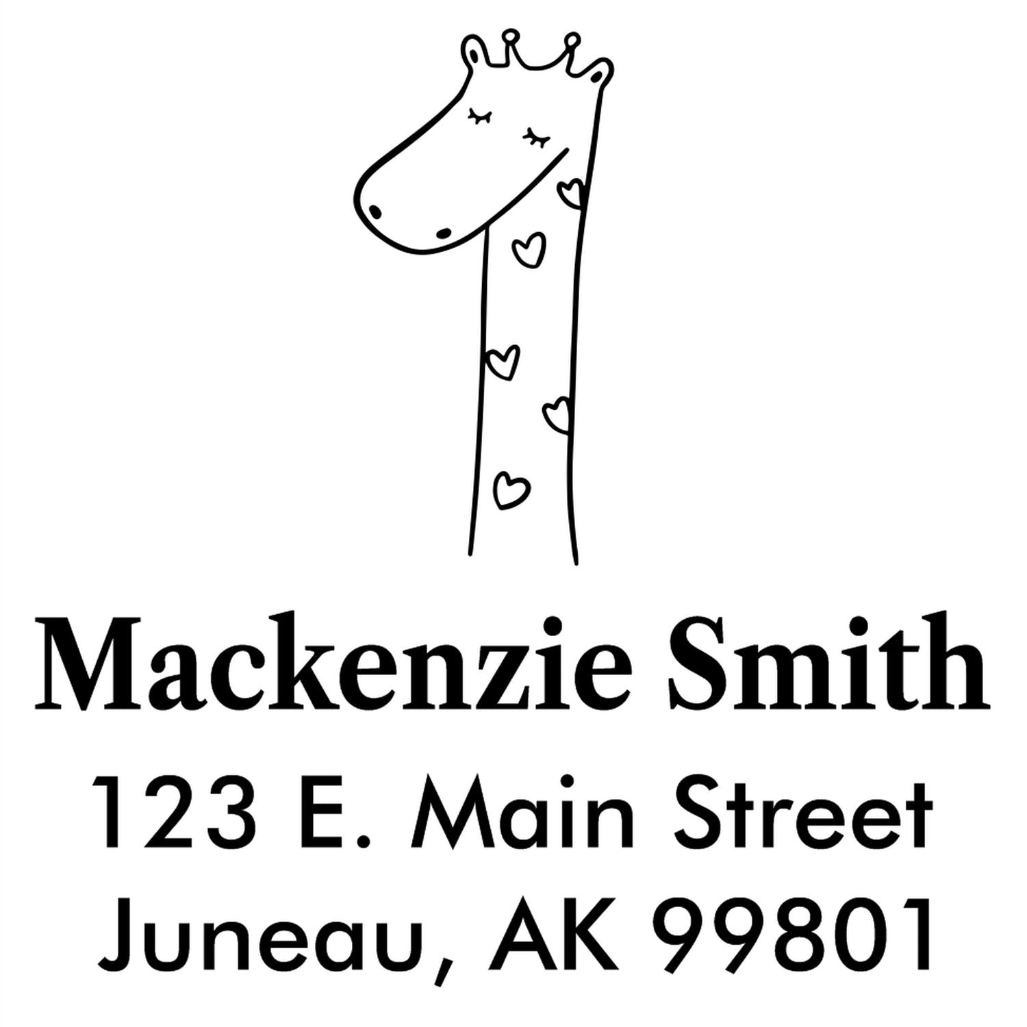 Wood handle lovely giraffe cartoon animal made to order mailing stamper with customized address stamper design. Features a giraffe with heart patterns above the name "Mackenzie Smith" and address "123 E. Main Street, Juneau, AK 99801".