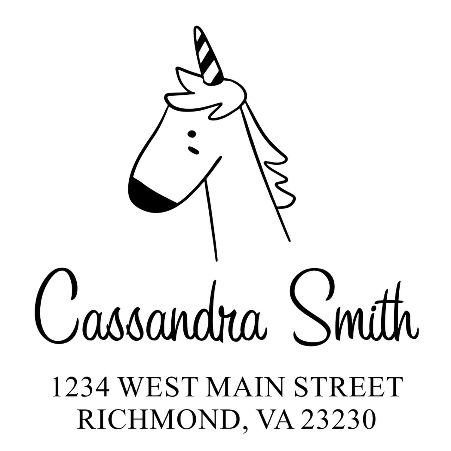 Wood handle whimsical unicorn cartoon animal made to order address stamp featuring customizable mailing stamper design. Includes a unicorn illustration with space for personalized name and address details.